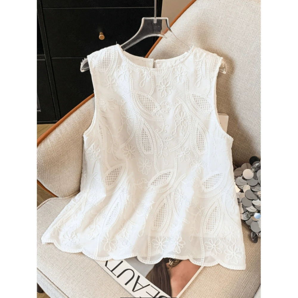 ZARA Women Summer Vacation Trendy Sleeveless Embroidered Round Neck Top